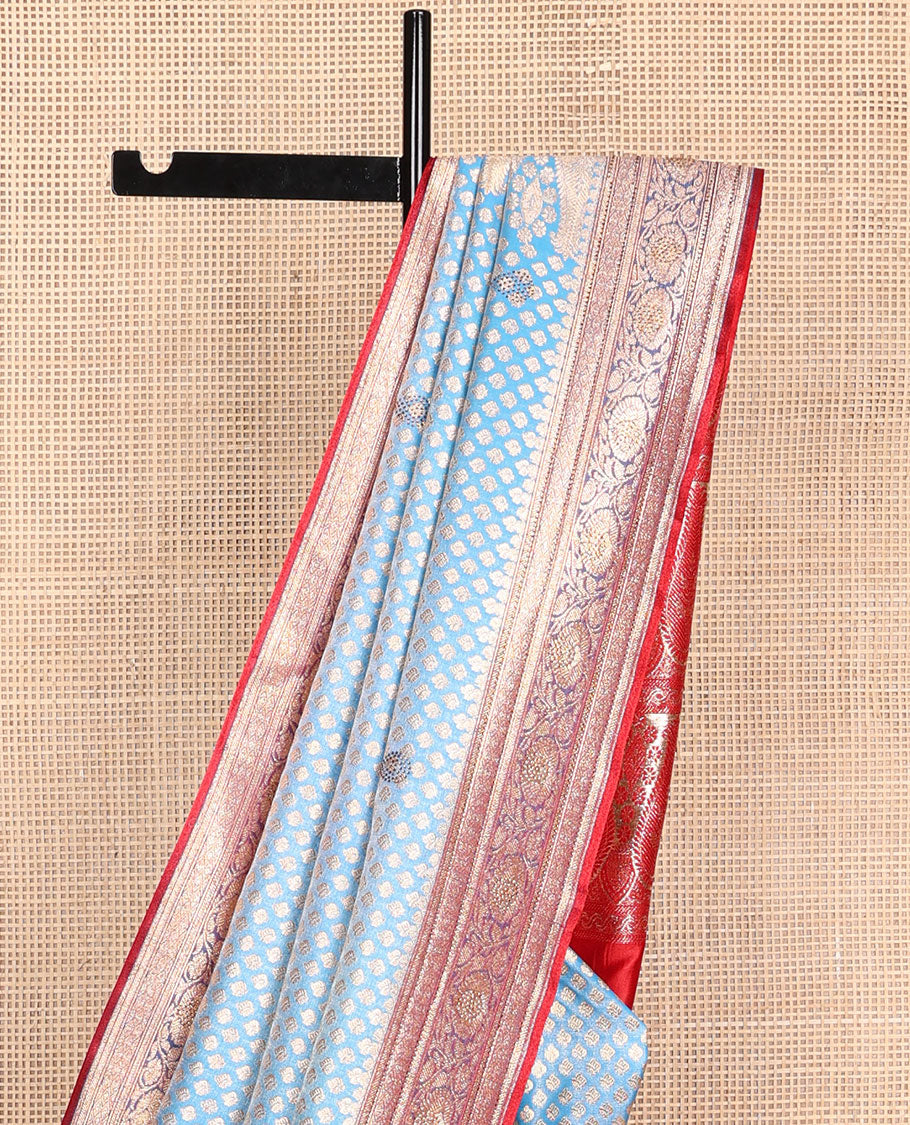 Blue argyle design semi banaras nylon with contrast zari design border & floral design pallu
