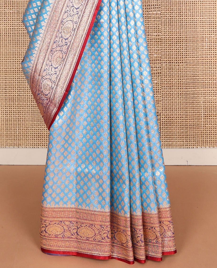 Blue argyle design semi banaras nylon with contrast zari design border & floral design pallu