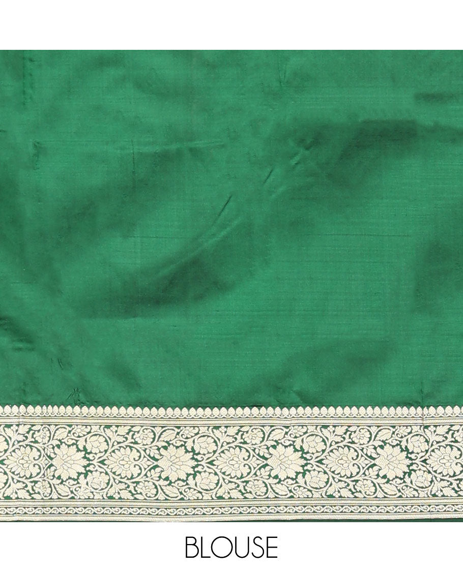 Green buttas kathan silk saree, floral creeper border, and floral jaal pallu