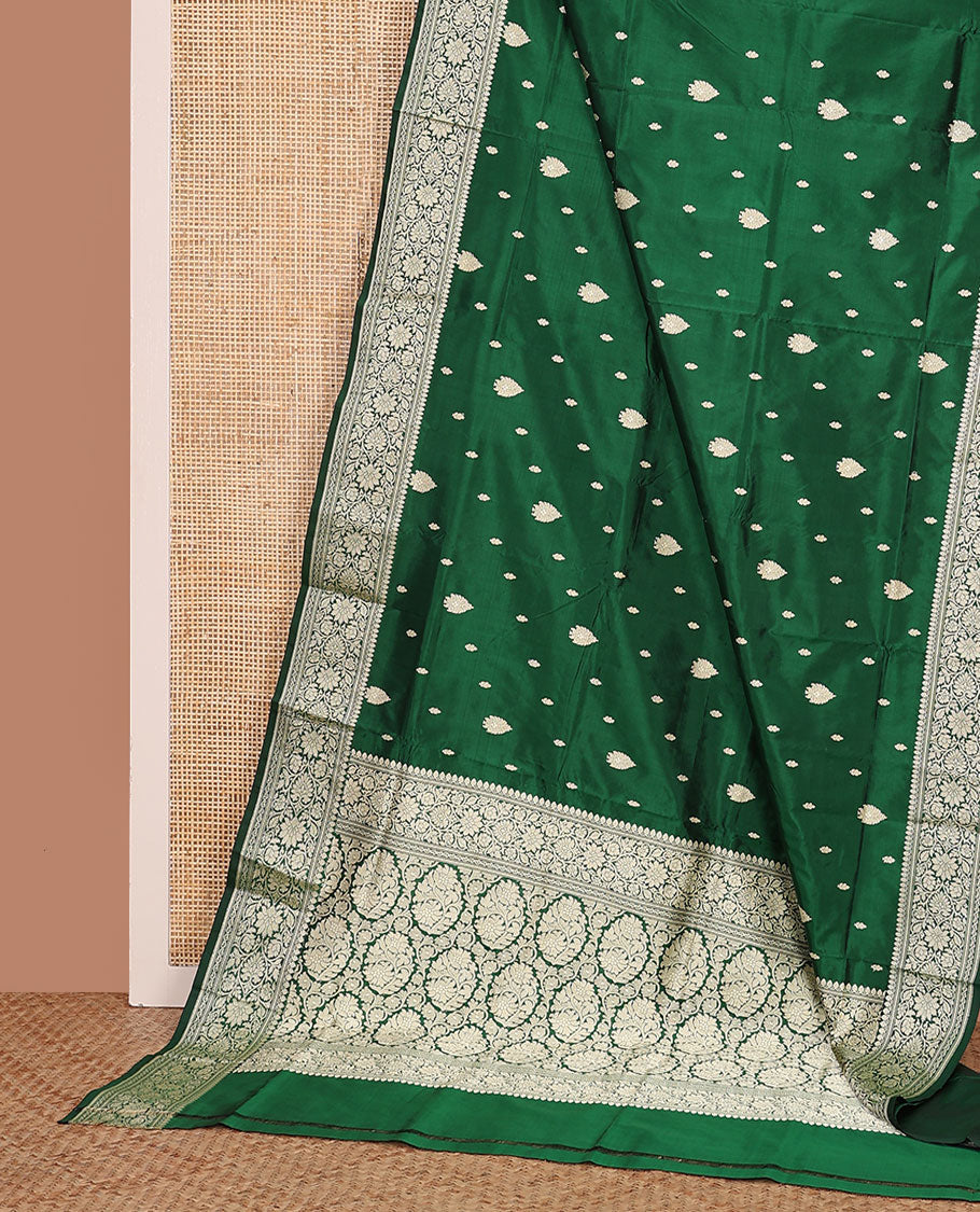 Green buttas kathan silk saree, floral creeper border, and floral jaal pallu