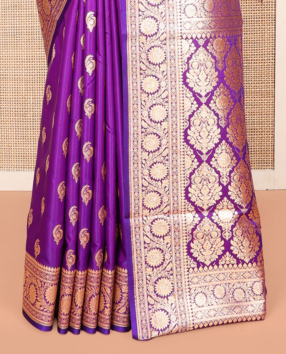 Purple Banarasi Nylon Saree, Decked Up with Buttas, Floral Creeper Zari Border, Intricate Pallu, and a Matching Blouse