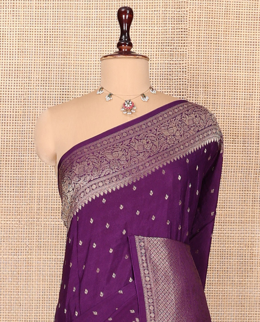Purple Fancy Crepe Saree, Prettified with Buttas, Highlighted by a Floral Creeper Border, Intricately Designed Pallu, and a Matching Blouse
