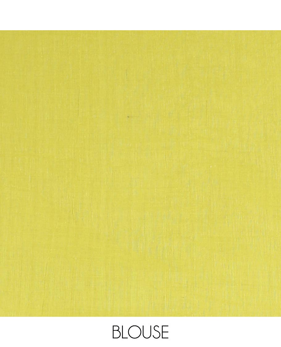 Borderless green plain khadi cotton saree, contrast kaleidoscope-colored patchwork style micro-checked pallu with colorful tassels