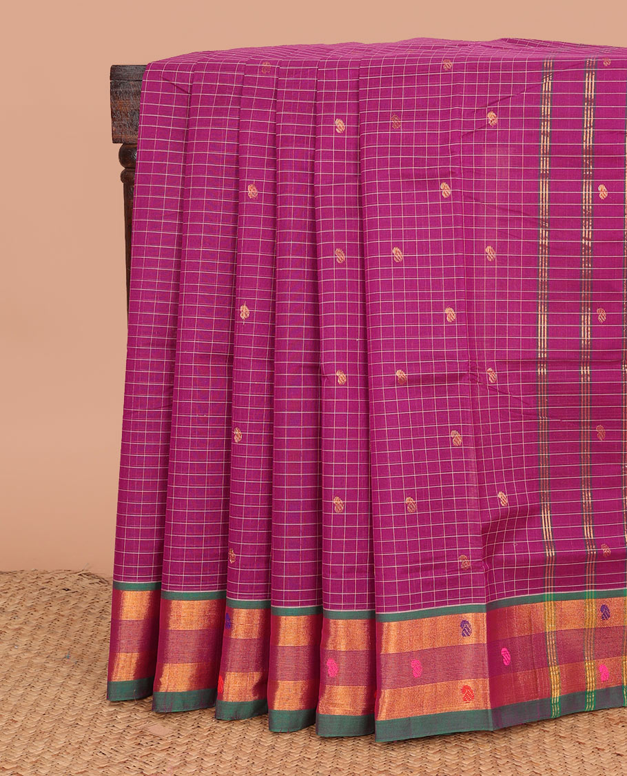Magenta checked and paisley buttas Venkatagiri cotton saree, contrast zari and thread work border, and striped pallu