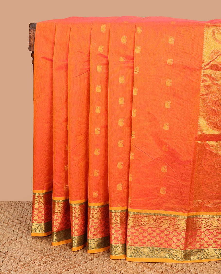 Orange paisley buttas Venkatagiri cotton saree with contrast traditional zari border, and pallu steeped with zari paisleys