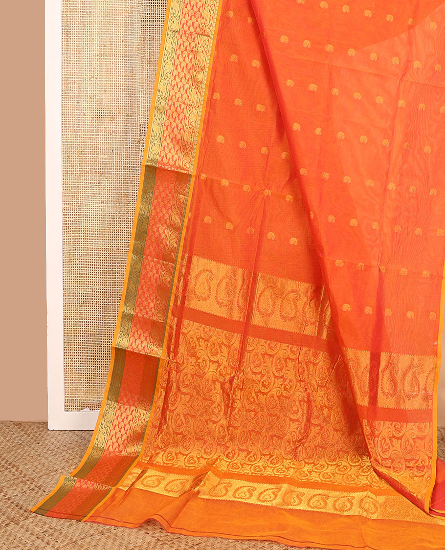 Orange paisley buttas Venkatagiri cotton saree with contrast traditional zari border, and pallu steeped with zari paisleys