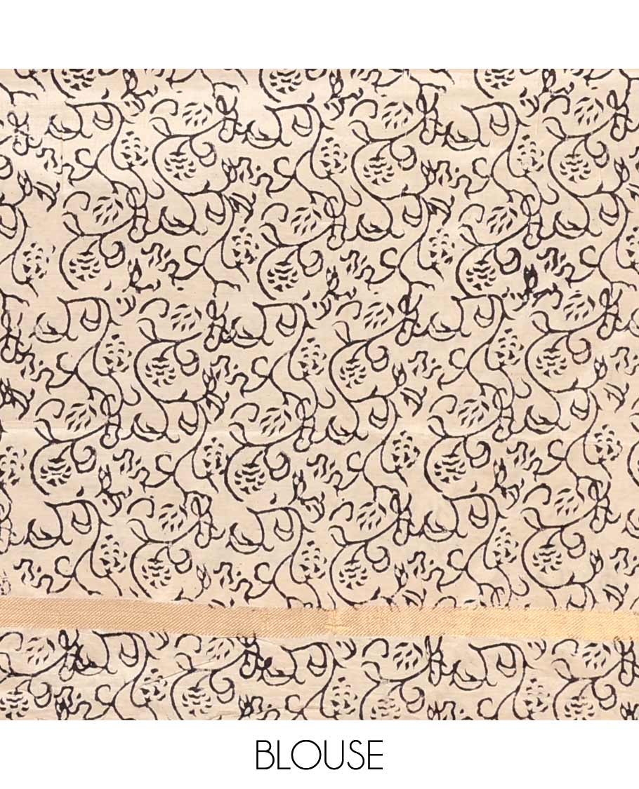 Maroon flora-fauna machine-printed Kalamkari cotton saree, contrast floral printed border, and pallu of big peacock print