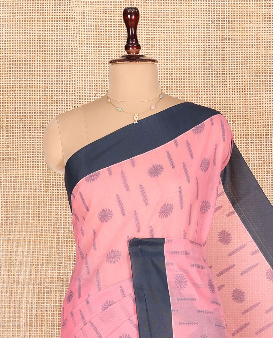 Pink Semi-Silk Cotton Saree, Subtly Sparkled with Buttas All Over Its Body, Complemented by Contrast Border, Pallu of Geometric Patterns, and Paired with a Matching Blouse