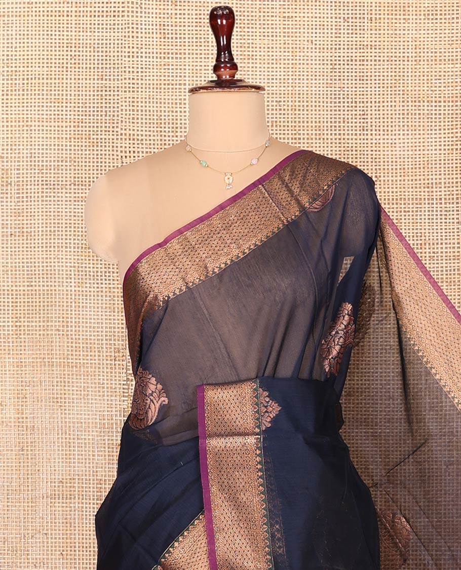 Blue Semi-Silk Cotton Saree, Embellished with Zari Buttas on Its Body, Complemented by a Contrast Traditional Zari Design Border, Pallu of Floral Designs, and Paired with a Contrast Blouse