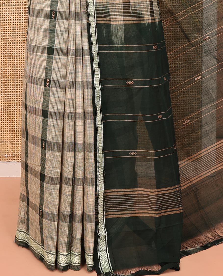 Dark Green Andhra Cotton Saree, Featuring Big Checked Design All Over Its Body, Subtly Sparked with a Traditional Border, Pallu of Stripes, and Paired with a Matching Blouse