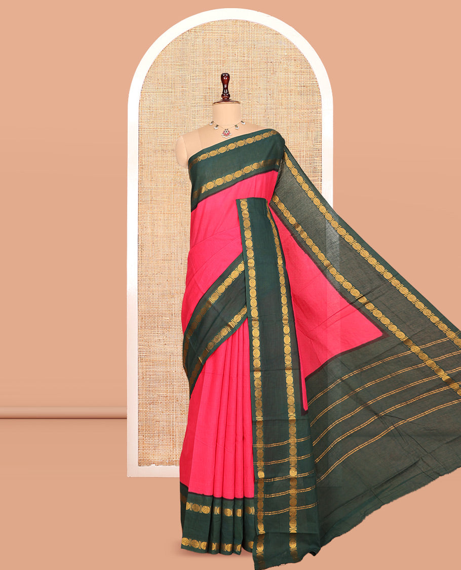 Rani Pink-Green Plain Sungudi Cotton Saree