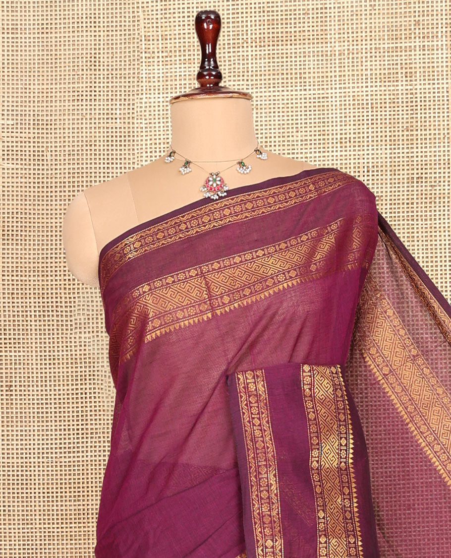 Light Purple Plain Chettinad Cotton Saree, Highlighted by a Traditional Zari Border, Striped Pallu, and a Matching Blouse