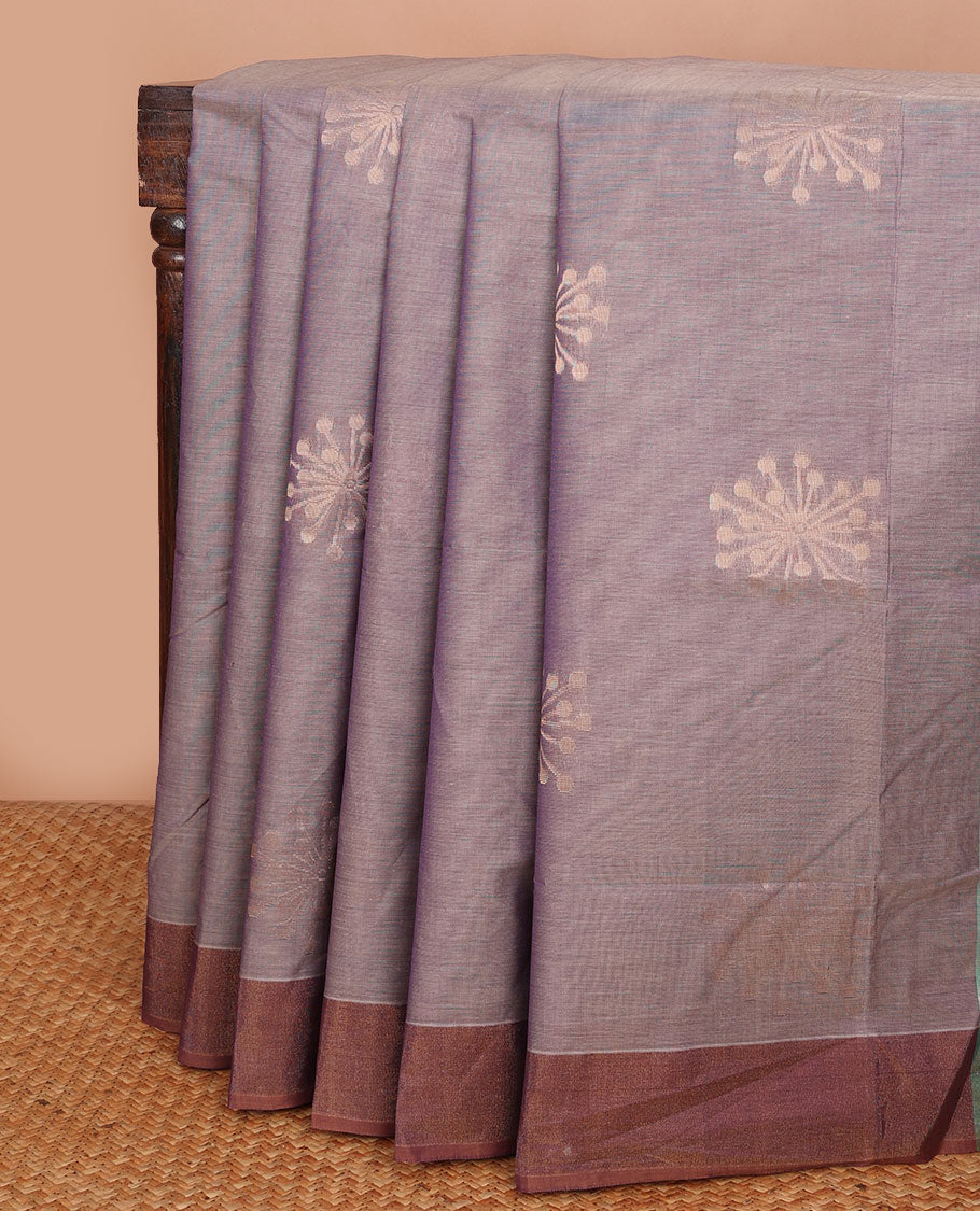 Grey unique buttas Combatiore cotton saree, contrast plain border & contrast zari design pallu