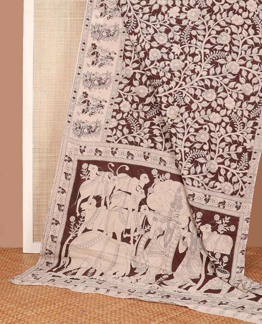 Brown floral vine machine-printed kalamkari cotton saree, self-printed border & pichwai cow & Lord Radha Krishna motifs pallu