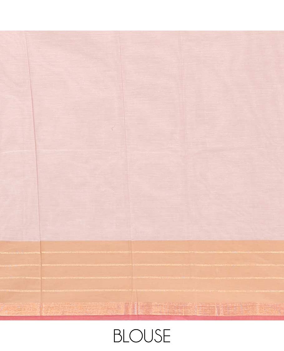 Pastel pink chakra, and paisley buttas Coimbatore cotton saree, contrast butta enclosed checked border, and pallu of paisleys and chevron design