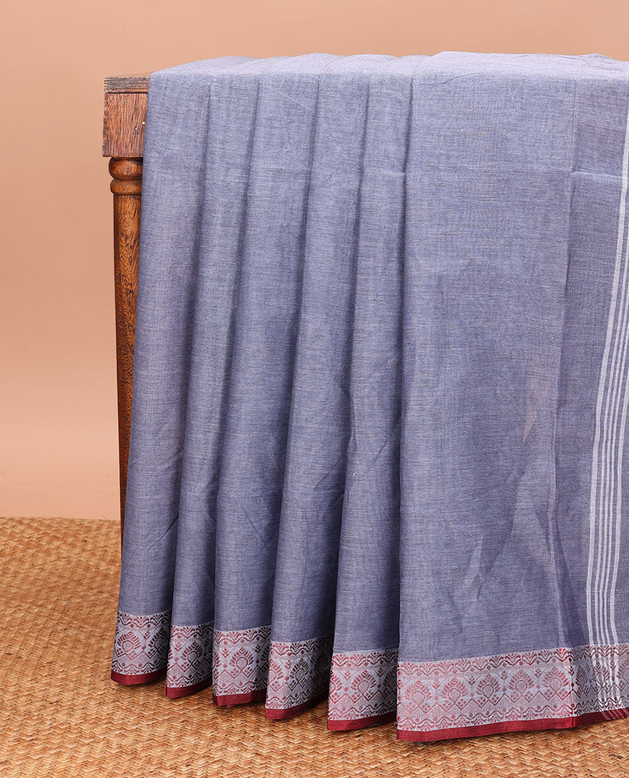 Grey Plain Bengal Cotton Saree, Complemented by a Contrast Intricate Design Border, and Pallu Steeped with Stripes