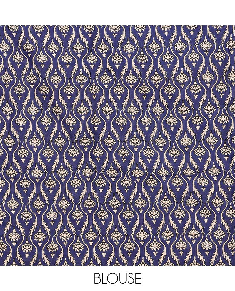 Blue floral printed mul mul cotton saree, contrast printed border, and pallu of intricate designs