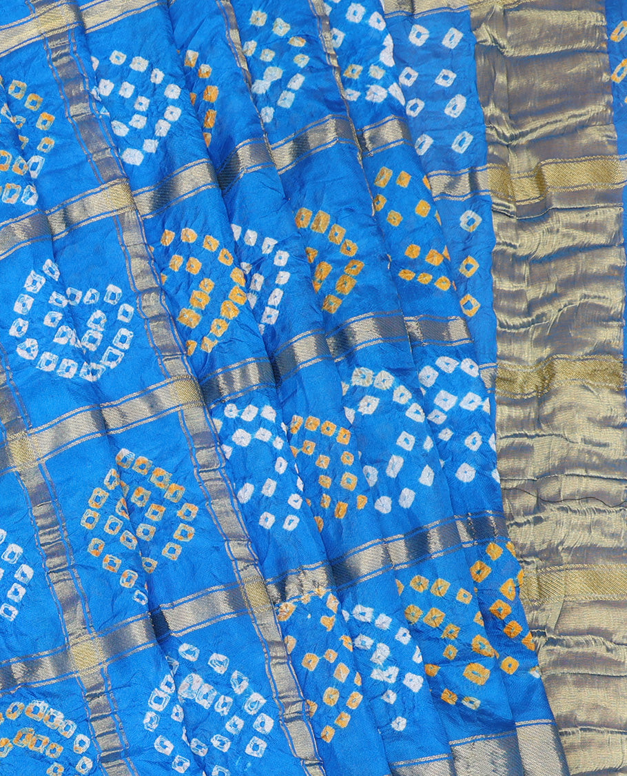 Royal Blue Bandhani Dola Silk Saree, Elevated with Bandhani Dots and Ghar Chola Checks, a Gleaming Zari Border, and a Matching Blouse