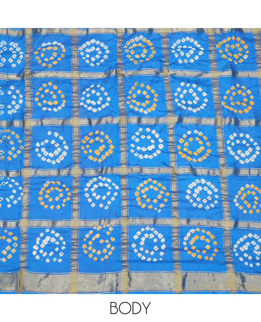 Royal Blue Bandhani Dola Silk Saree, Elevated with Bandhani Dots and Ghar Chola Checks, a Gleaming Zari Border, and a Matching Blouse