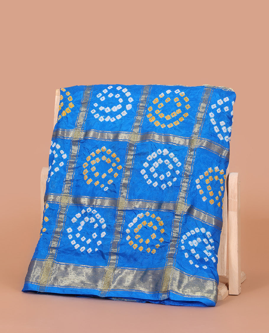 Royal Blue Bandhani Dola Silk Saree, Elevated with Bandhani Dots and Ghar Chola Checks, a Gleaming Zari Border, and a Matching Blouse