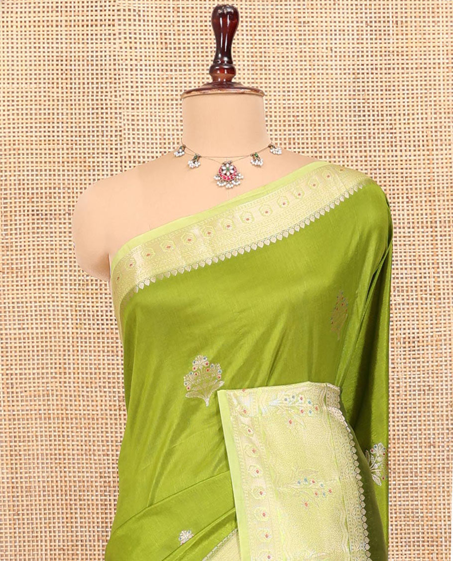 Parrot Green Green-Mango-Silk Saree, Decked up with Floral Zari Buttas All Over Its Body, Complemented by a Contrast Meenakari Zari Floral Design Border, Grand Pallu, and Paired with a Contrast Blouse