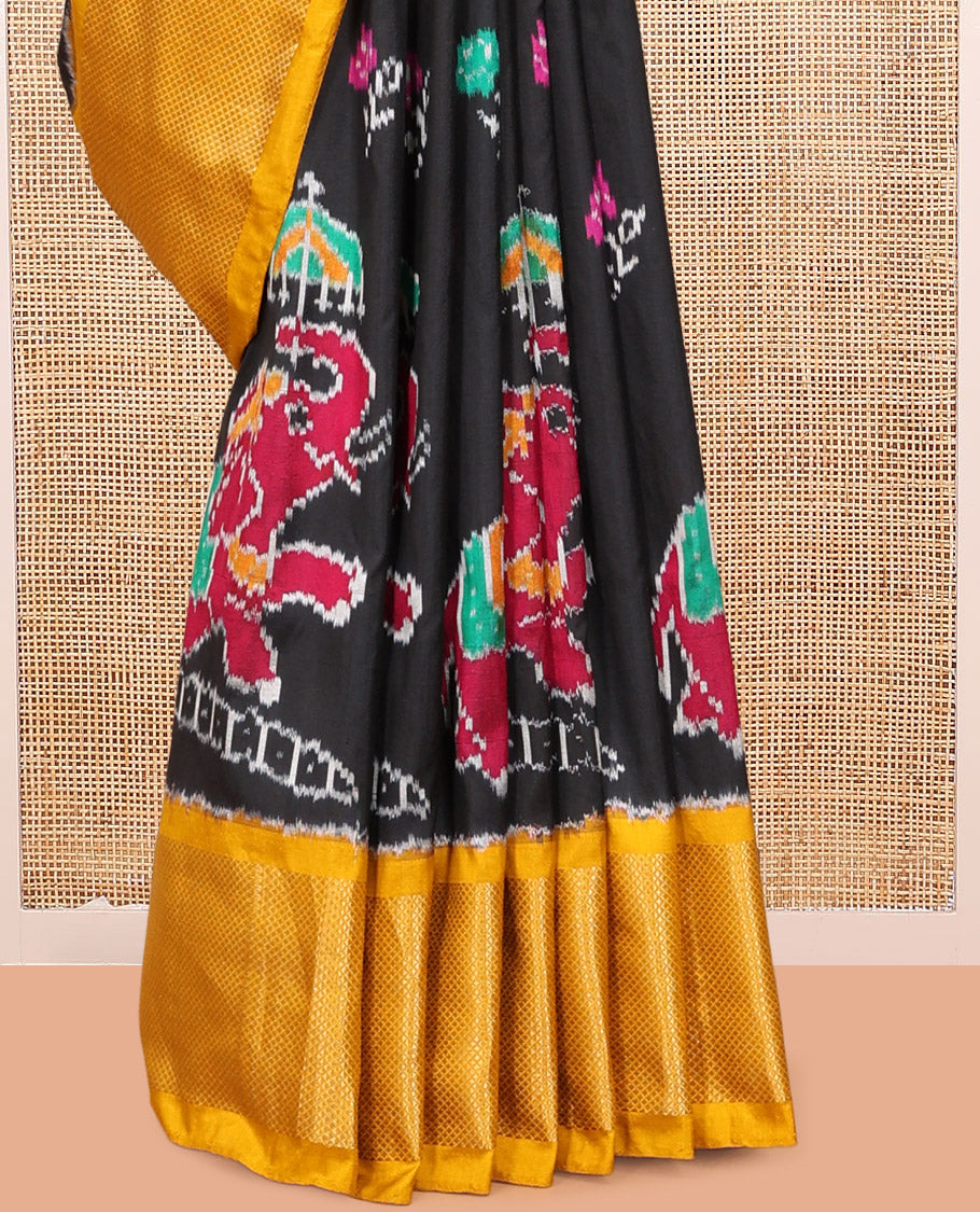 Black Flora-Elephant Buttas Pochampally Ikat Saree, Contrast Border and Blouse