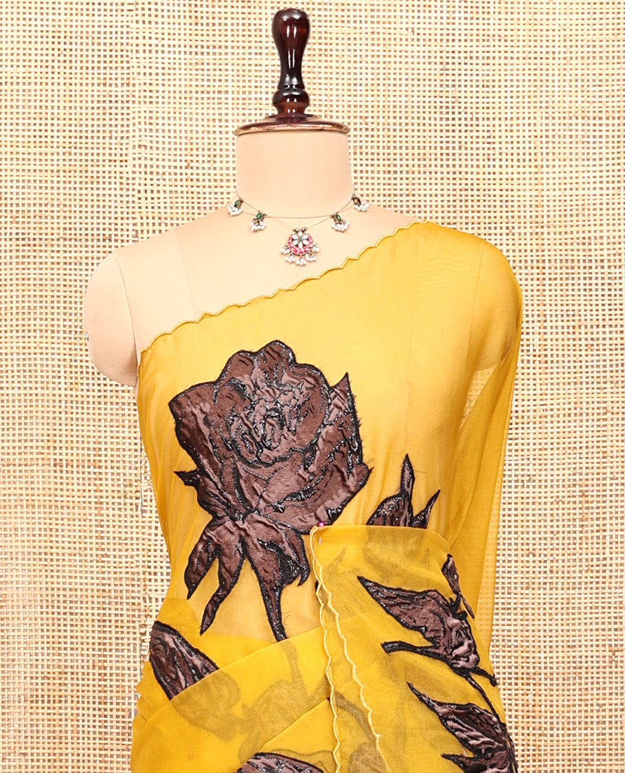 Mustard Turkey Organza Saree Features Rose Floral Applique Embroidery, a Scallop Border, Matching Blouse