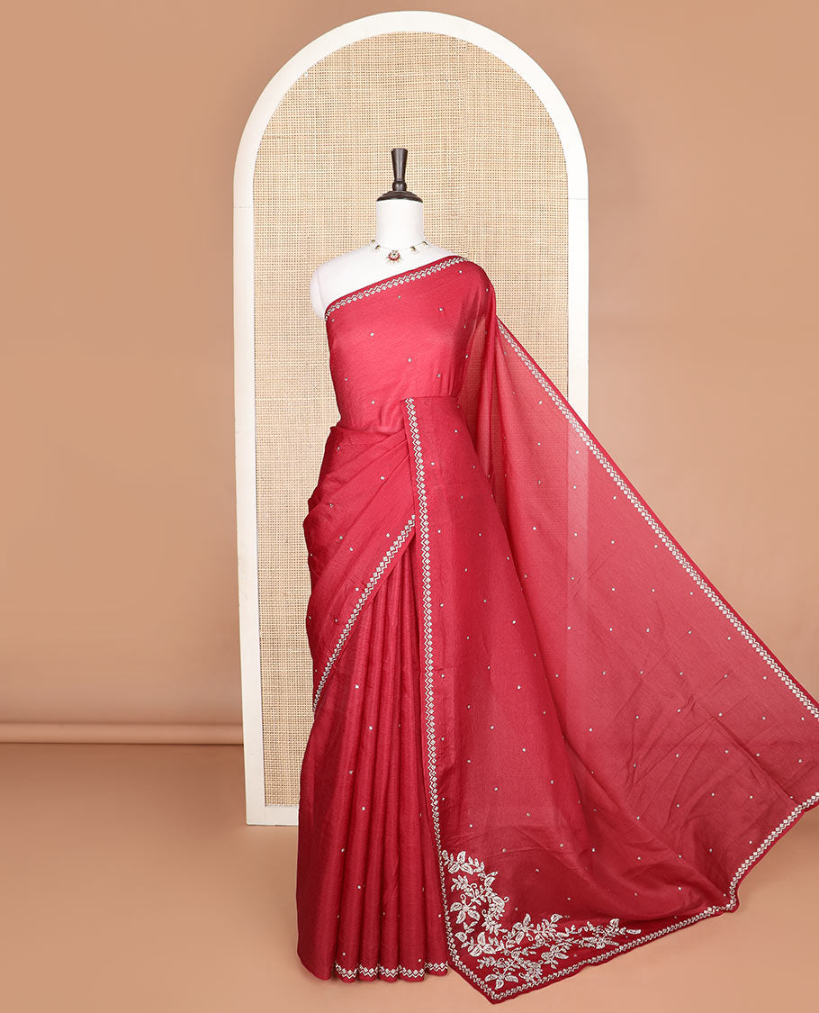 Red flower-shaped aligned Swarovski stones designer saree, Swarovski stone work border & floral embroidery pallu