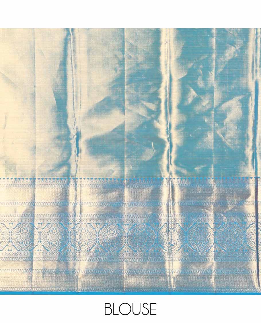 Blue jacquard tissue silk saree, self-pallu of jaal & mayil chakram & zari border of thilakam mokku, neli kathir, jaal & chakram designs