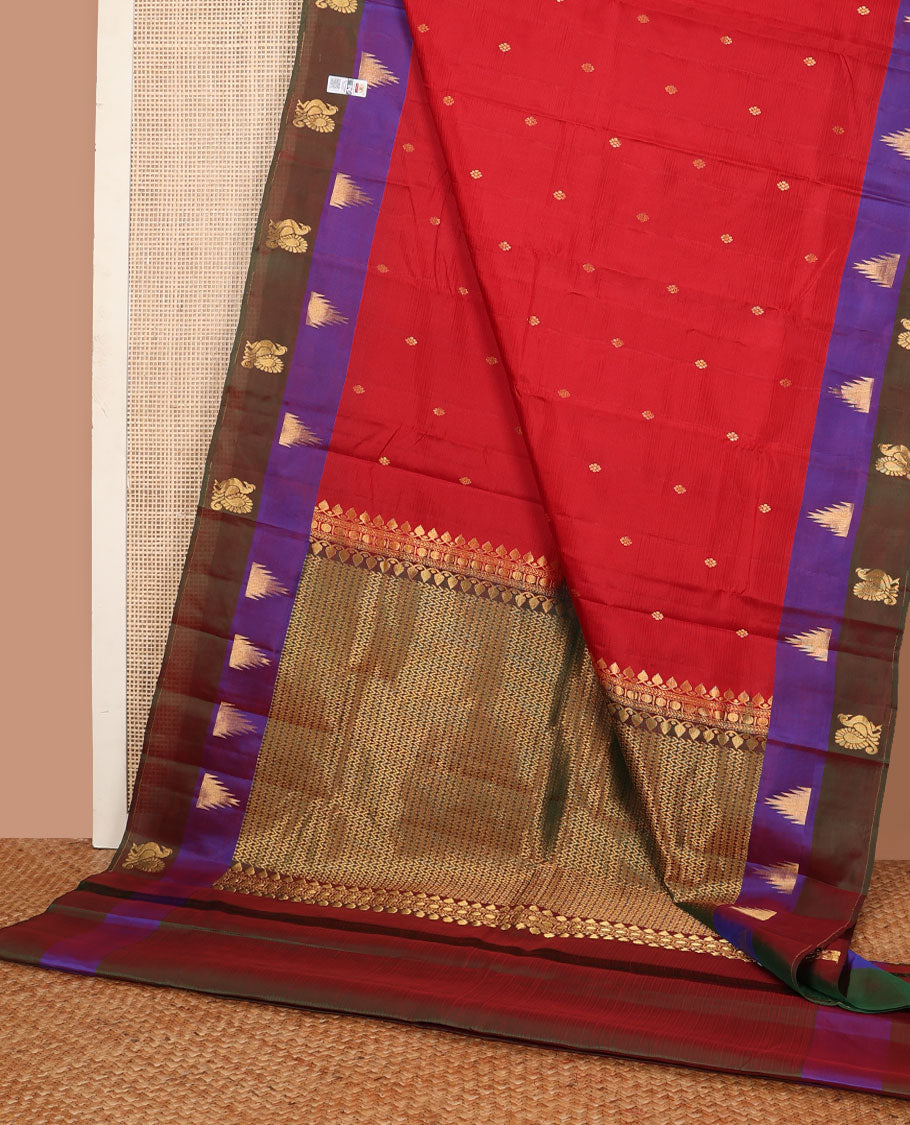 Red zari buttas Kanchipuram silk saree, contrast border of thazampoo rekku & mayil designs & pallu of intricate designs