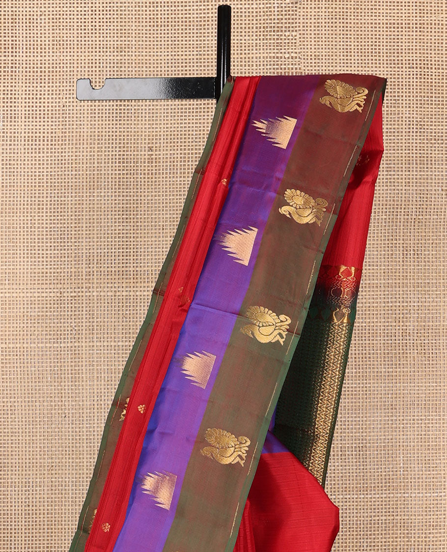 Red zari buttas Kanchipuram silk saree, contrast border of thazampoo rekku & mayil designs & pallu of intricate designs