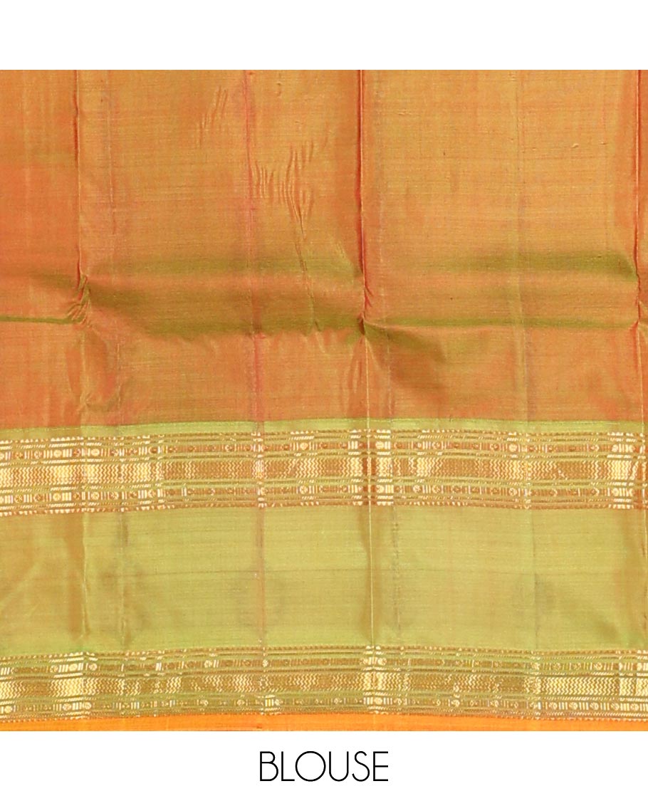 Red plain Kanchipuram silk saree, contrast rettai pettu border of rekku, rudraksham, banaras, and vanki designs, and zari design pallu