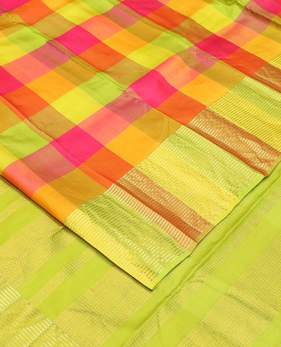 Multi-color palum pazahamum checked Kanchipuram silk saree, zari striped bordder, and geometric zari patterned pallu