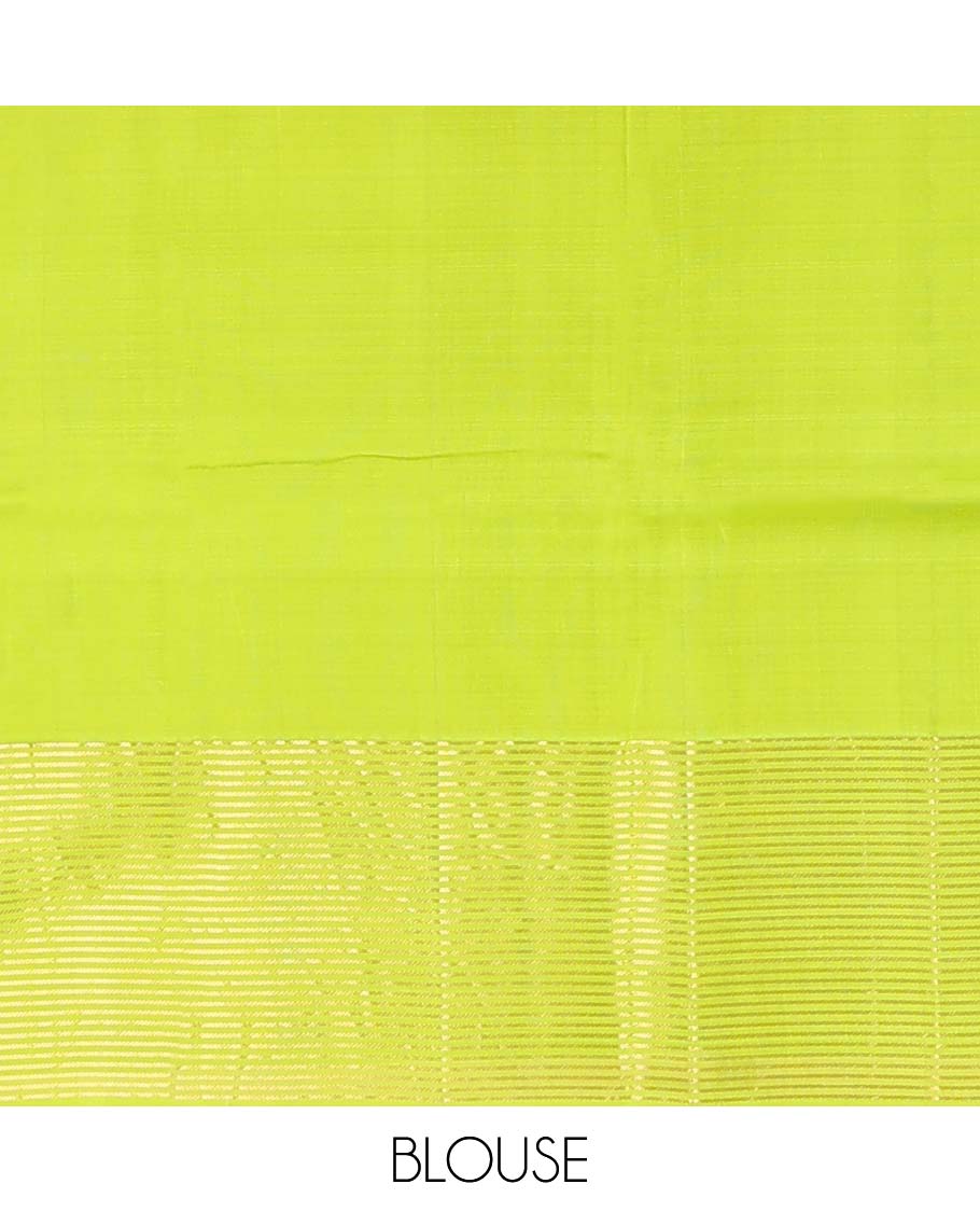 Multi-color palum pazahamum checked Kanchipuram silk saree, zari striped bordder, and geometric zari patterned pallu