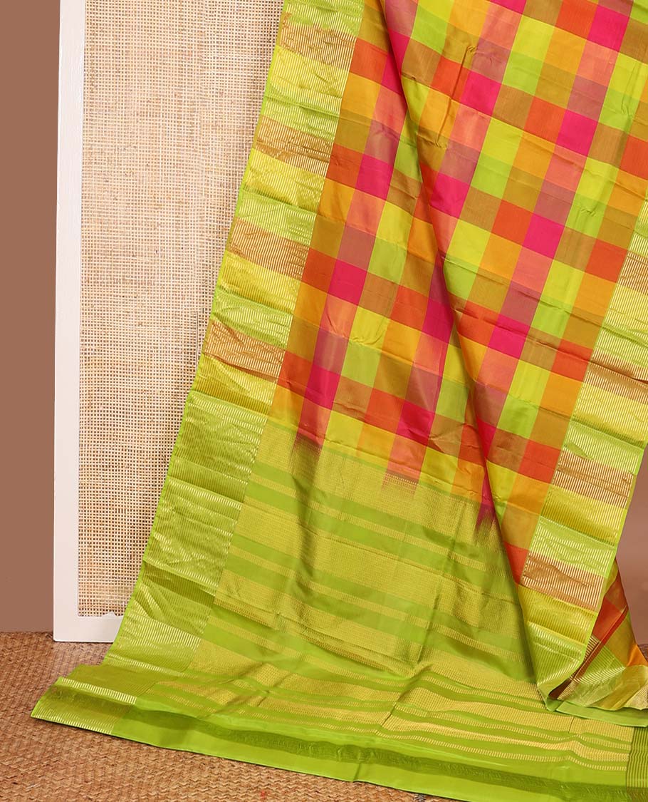 Multi-color palum pazahamum checked Kanchipuram silk saree, zari striped bordder, and geometric zari patterned pallu
