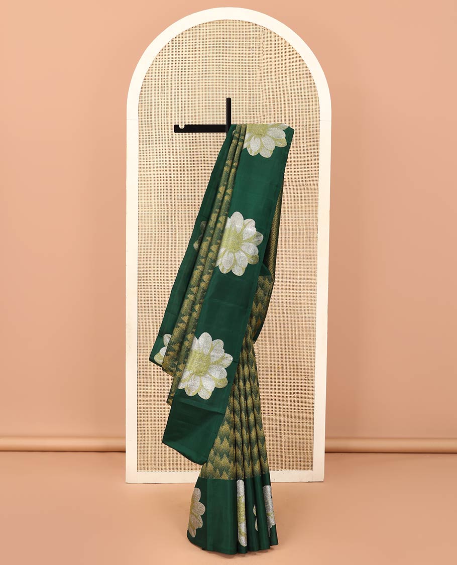Green tree motifs Kanchipuram designer saree, big marigold floral motifs woven border, and jaal pallu