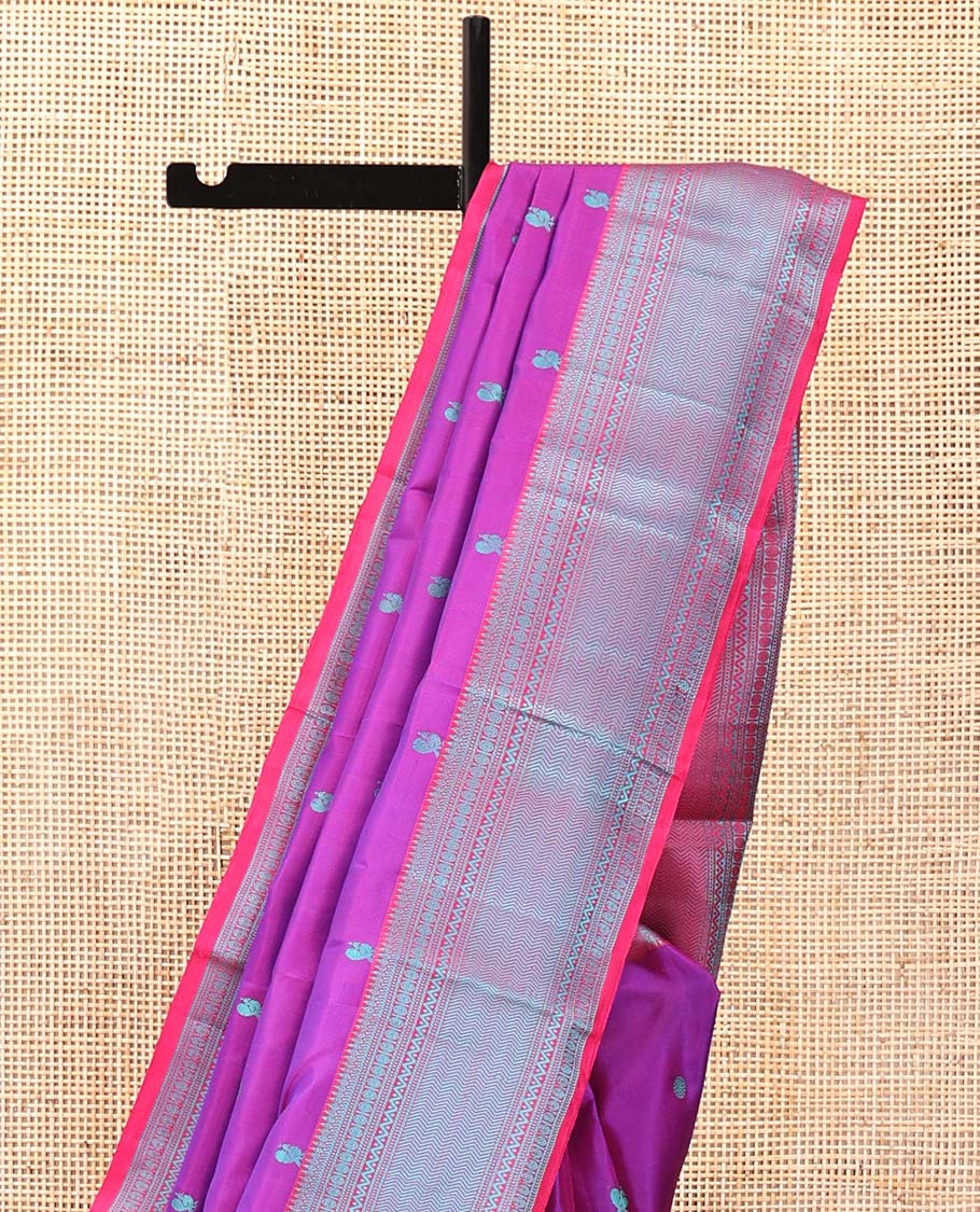 Purple Kanchipuram Designer Silk Saree, Delicately Woven with Mayil and Chakram Thread Buttas, Highlighted by Contrast Border of Thilakam, Banaras, Muthu, Rudraksham, Neli, and Vanki Designs, Delicately Woven Pallu, and Paired with a Contrast Blouse