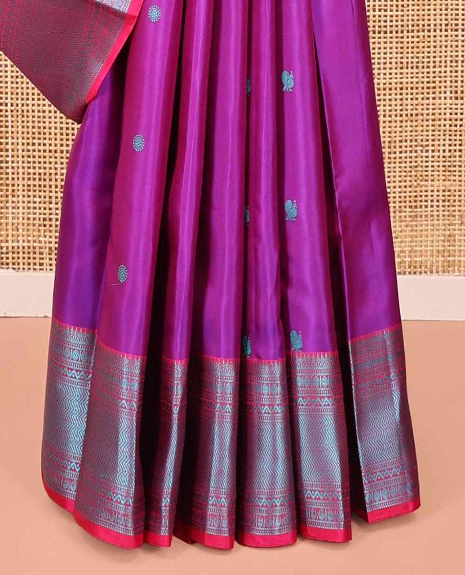 Purple Kanchipuram Designer Silk Saree, Delicately Woven with Mayil and Chakram Thread Buttas, Highlighted by Contrast Border of Thilakam, Banaras, Muthu, Rudraksham, Neli, and Vanki Designs, Delicately Woven Pallu, and Paired with a Contrast Blouse