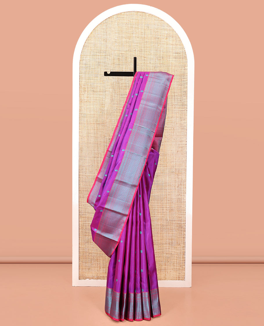 Purple Kanchipuram Designer Silk Saree, Delicately Woven with Mayil and Chakram Thread Buttas, Highlighted by Contrast Border of Thilakam, Banaras, Muthu, Rudraksham, Neli, and Vanki Designs, Delicately Woven Pallu, and Paired with a Contrast Blouse