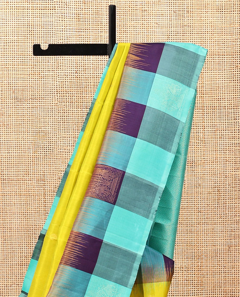 Yellow Kanchipuram Silk Saree, Sparsely Woven with Buttas, a Contrast Checked Sparsely Woven Border, Jaal Pallu, and a Contrast Blouse