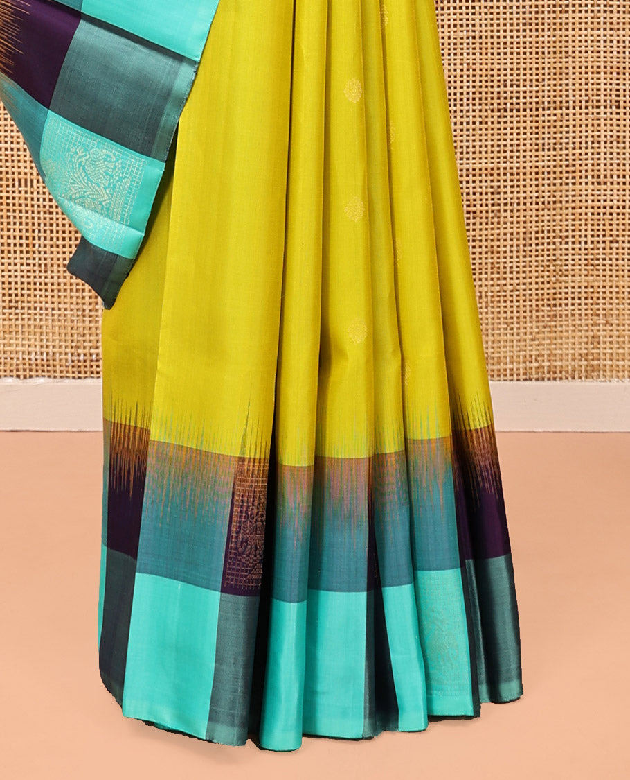 Yellow Kanchipuram Silk Saree, Sparsely Woven with Buttas, a Contrast Checked Sparsely Woven Border, Jaal Pallu, and a Contrast Blouse