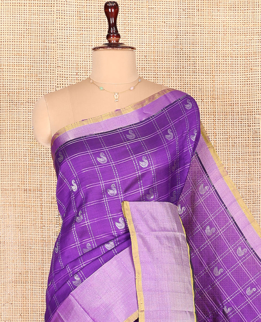 Violet Kuppadam Cotton Saree, Sparsely Woven with Bird Butta Enclosed Checks All Over Its Body, Complemented by a Contrast Border, Sparsely Woven Pallu of Floral-Paisley Designs, and Paired with a Contrast Blouse