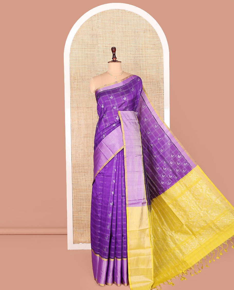 Violet Kuppadam Cotton Saree, Sparsely Woven with Bird Butta Enclosed Checks All Over Its Body, Complemented by a Contrast Border, Sparsely Woven Pallu of Floral-Paisley Designs, and Paired with a Contrast Blouse