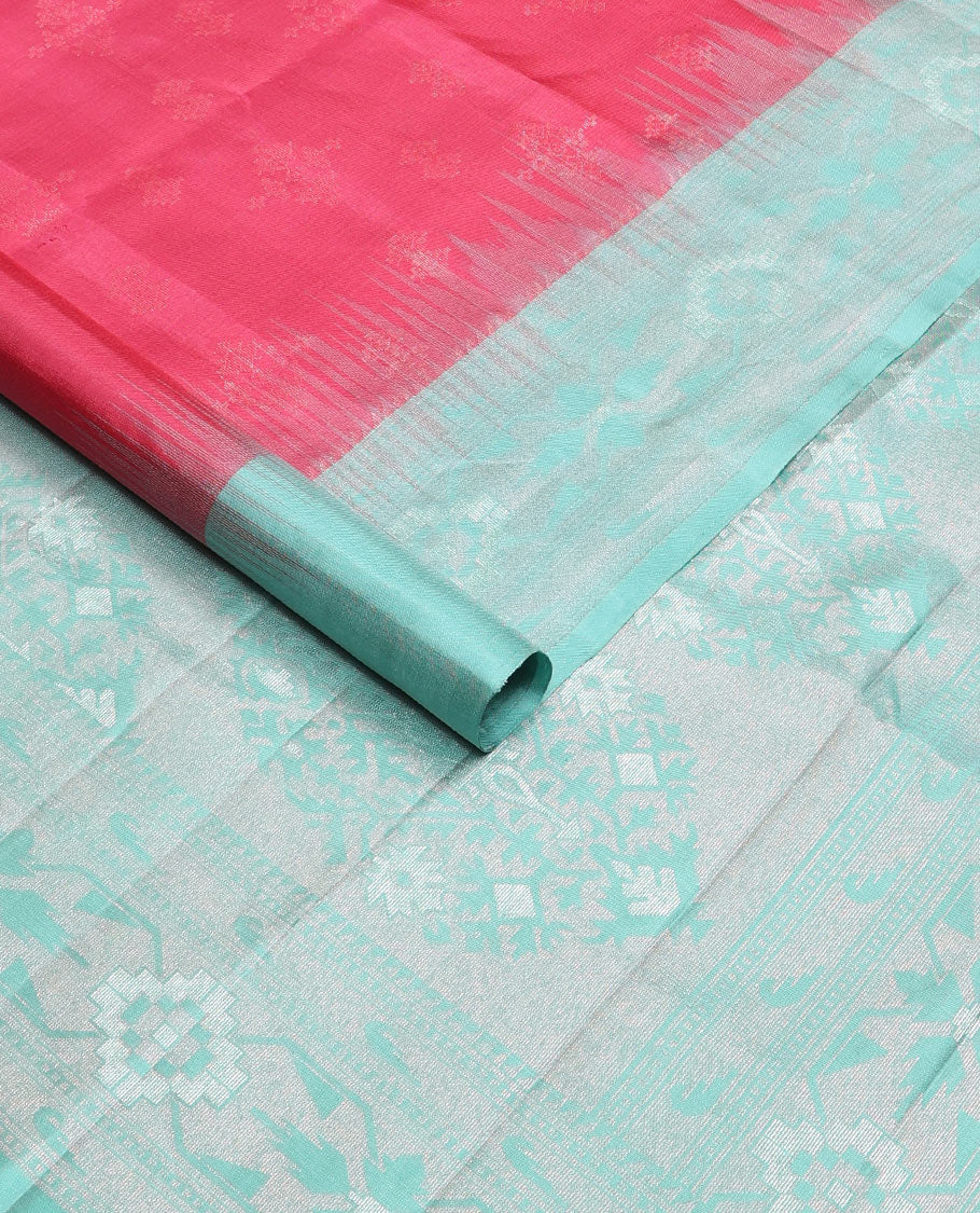 Red zari buttas soft silk saree, contrast paithani-style floral & muniya border & intricate floral design pallu