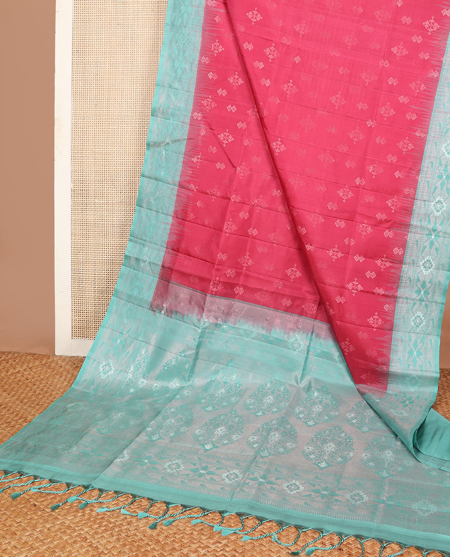 Red zari buttas soft silk saree, contrast paithani-style floral & muniya border & intricate floral design pallu