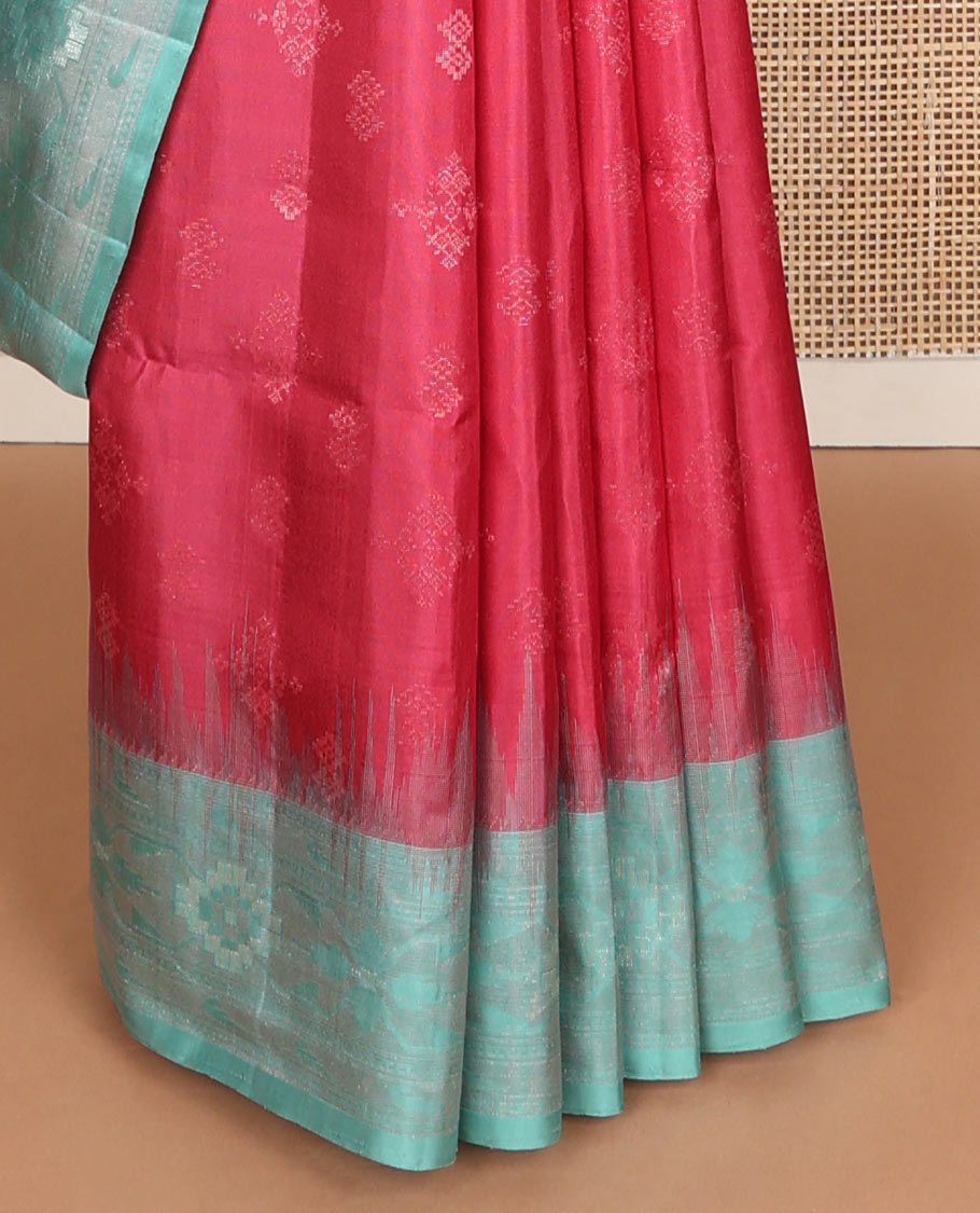 Red zari buttas soft silk saree, contrast paithani-style floral & muniya border & intricate floral design pallu