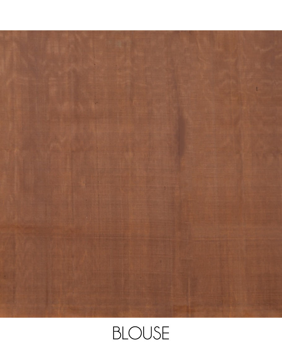 Brown rudraksham buttas soft silk saree, temple geometric patterned border of muniya designs, and intricate pallu