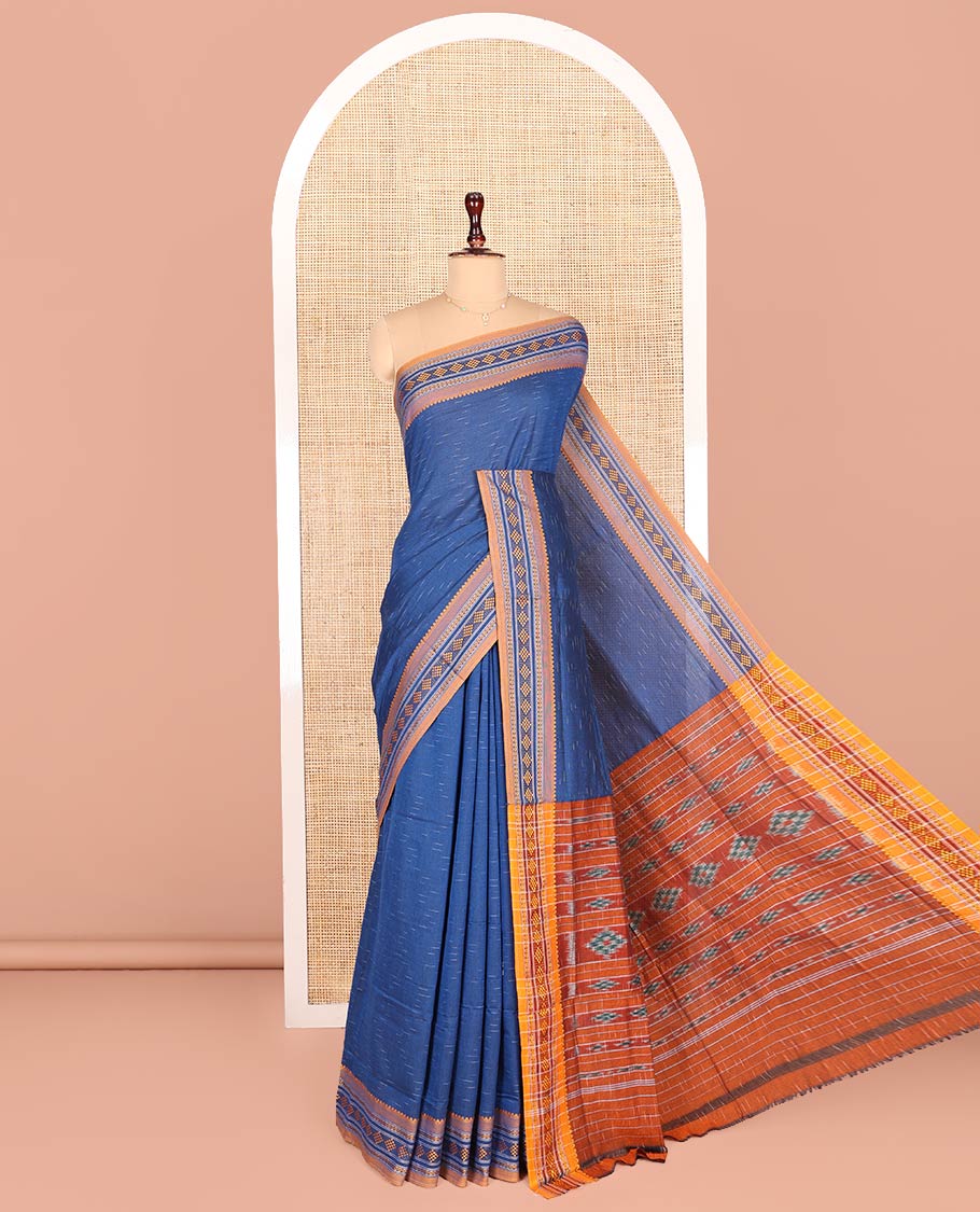 Blue Odisha Cotton Saree, Subtly Woven with Buttas All Over the Body, Complemented by a Contrast Temple Border of Geometric Thread Patterns, Pallu Depicts Geometric Patterns, and Has No Blouse