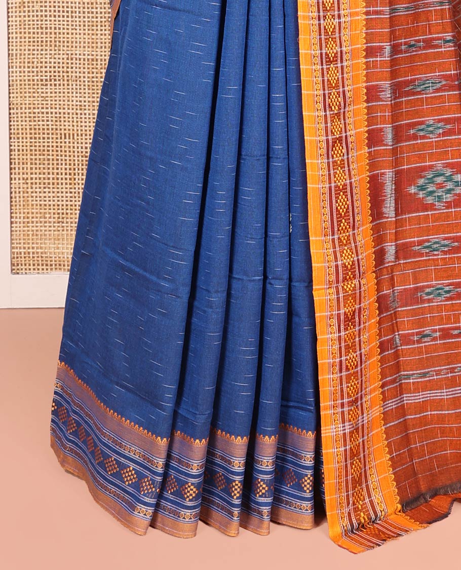 Blue Odisha Cotton Saree, Subtly Woven with Buttas All Over the Body, Complemented by a Contrast Temple Border of Geometric Thread Patterns, Pallu Depicts Geometric Patterns, and Has No Blouse