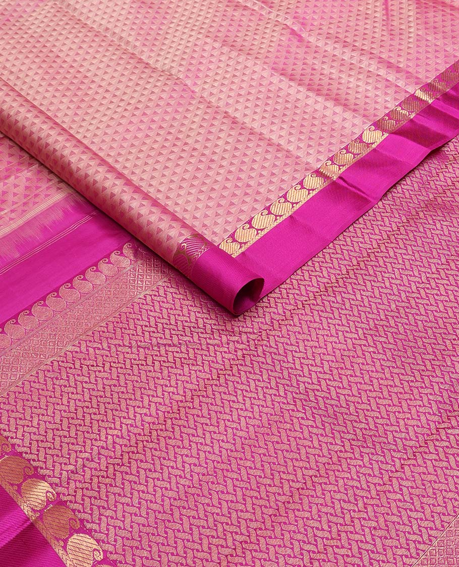 Light pink geometric design silk saree with contrast border of manga, kathir design & zari design pallu